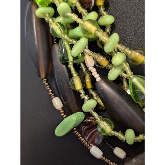 Spring Green Cream & Brown Glass Bead Multi-Strand Choker Necklace - Picture 3 of 7